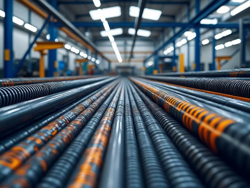 Perspectiva de un taller industrial con filas de tubos de acero con marcas naranjas alineados a lo largo del suelo, rodeados de estructuras metálicas y luces brillantes en el techo.