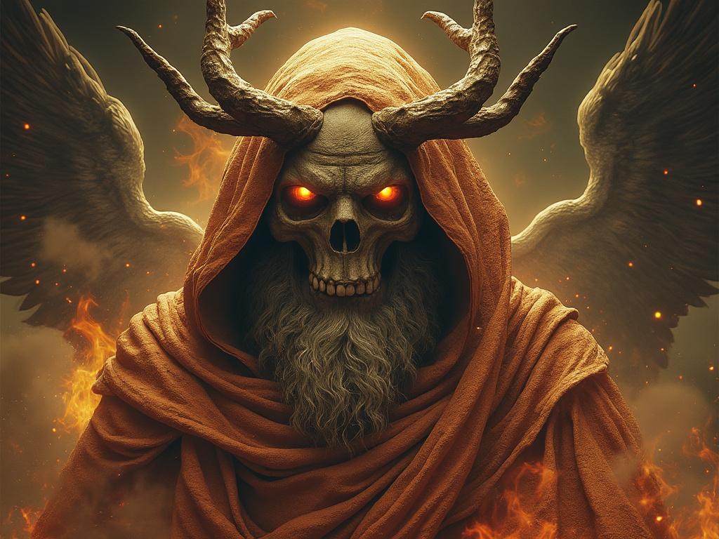 Hooded skeletal figure with fiery eyes, horns, and wings surrounded by flames.