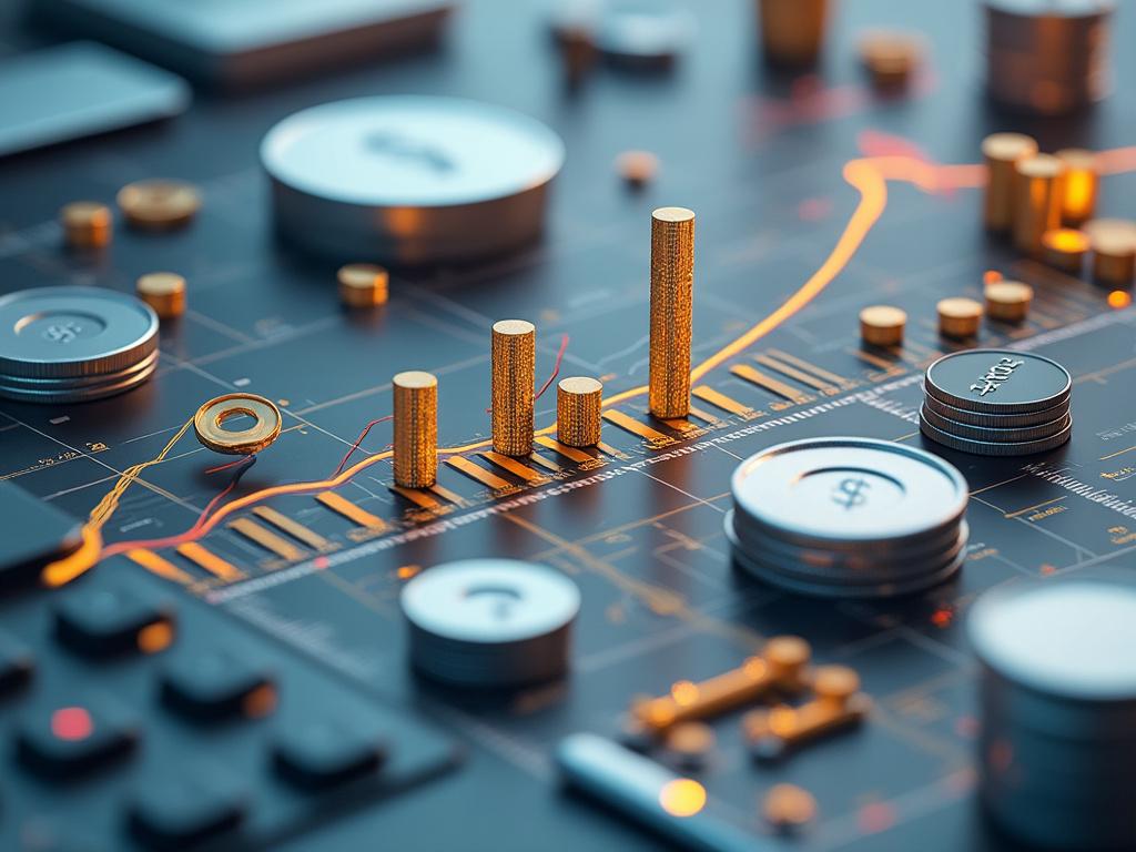 Gráfico financiero con monedas apiladas y barras doradas sobre fondo oscuro, representando análisis económico.