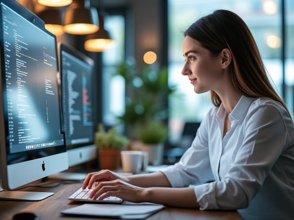 Mujer joven programando en una computadora de escritorio en una oficina moderna.