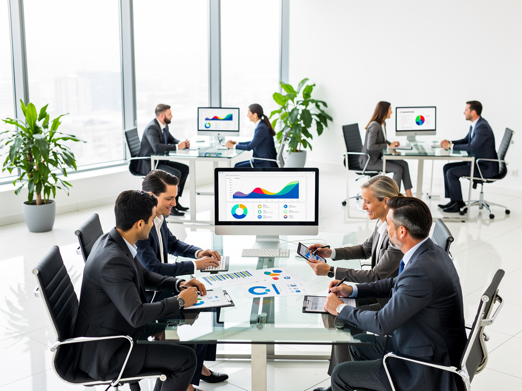 Equipo empresarial analizando gráficos y datos financieros en una sala de reuniones moderna