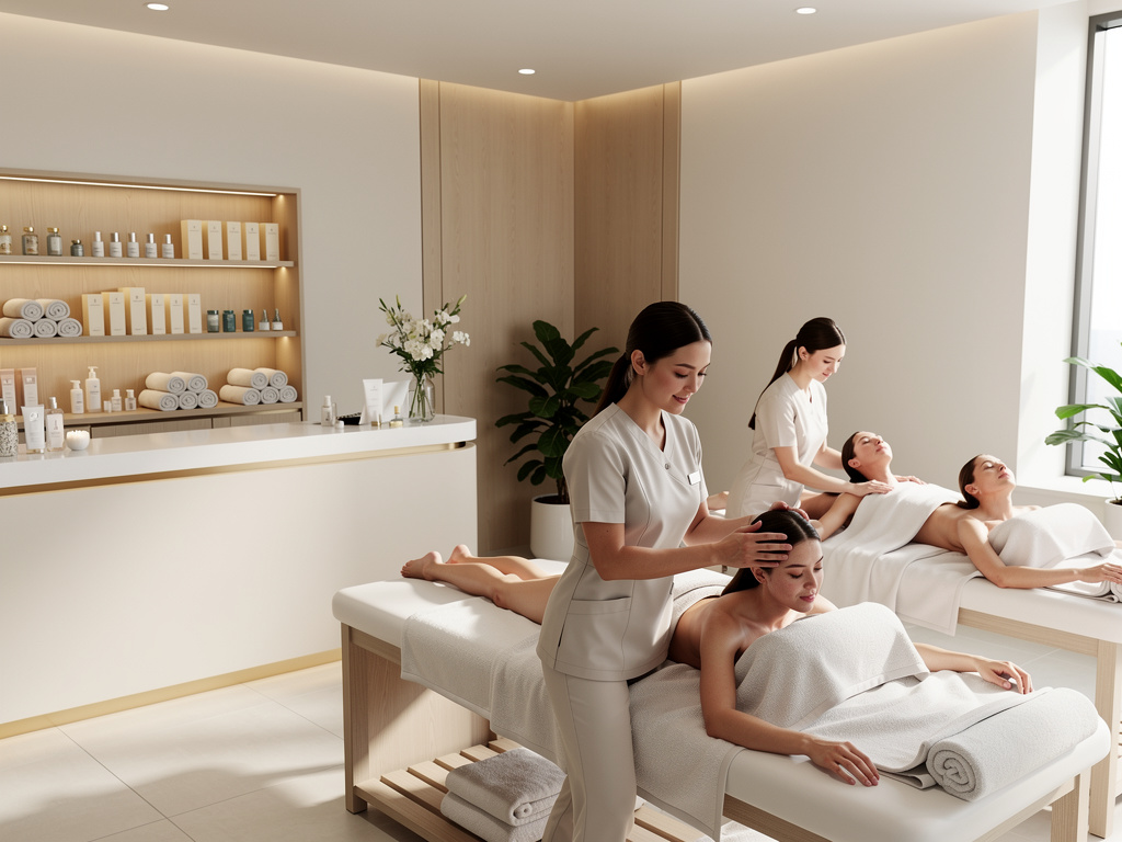 Spa moderno con terapeutas realizando masajes relajantes a mujeres en camillas, productos de bienestar y ambiente luminoso