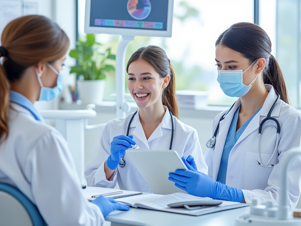 Tres profesionales de la salud en un entorno médico, discutiendo con una tableta.