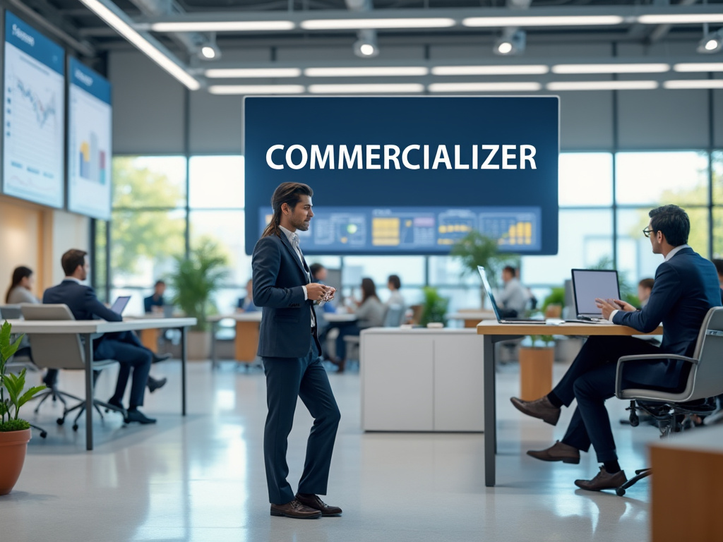 Oficina moderna con personas trabajando en sus laptops bajo un cartel que dice 'Commercializer'.
