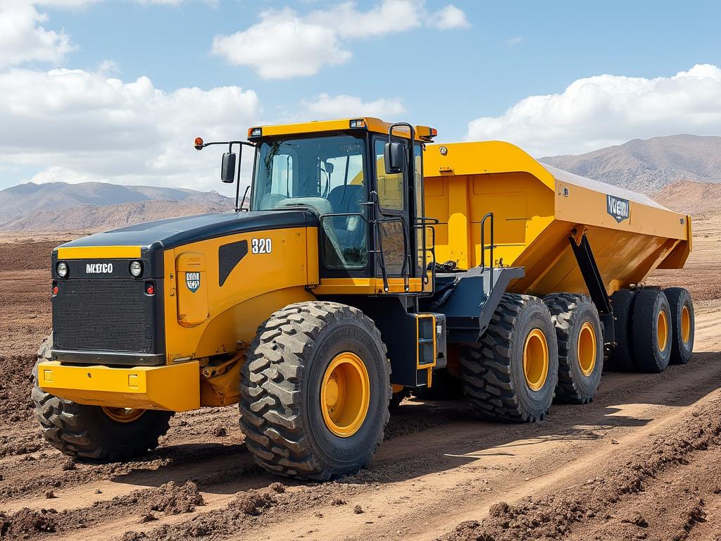 Camión volquete amarillo en un sitio de construcción con montañas al fondo y cielo parcialmente nublado.