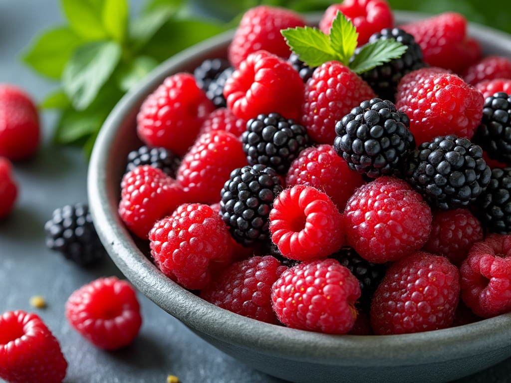 Tazón de moras y frambuesas frescas con hojas verdes de adorno, sobre fondo oscuro.