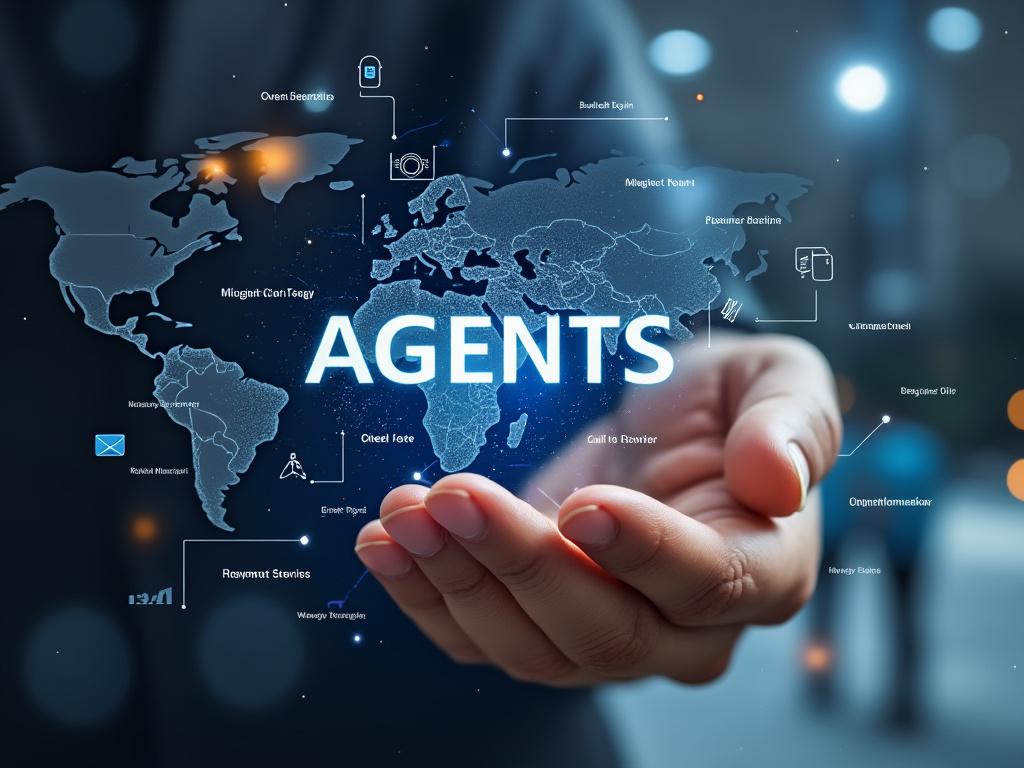 Mano sosteniendo un mapa digital del mundo con la palabra 'AGENTS' resaltada, rodeada de iconos y conexiones tecnológicas.