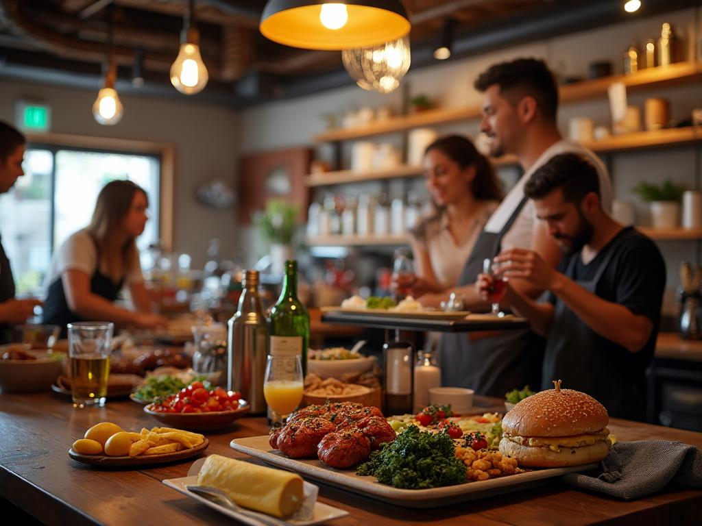 Mesa de cocina con alimentos diversos como ensaladas, panecillos y bebidas, mientras varias personas cocinan en segundo plano con iluminación cálida.