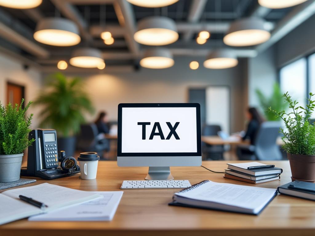 Oficina moderna con computadora mostrando la palabra 'TAX', plantas, teléfono y documentos en el escritorio