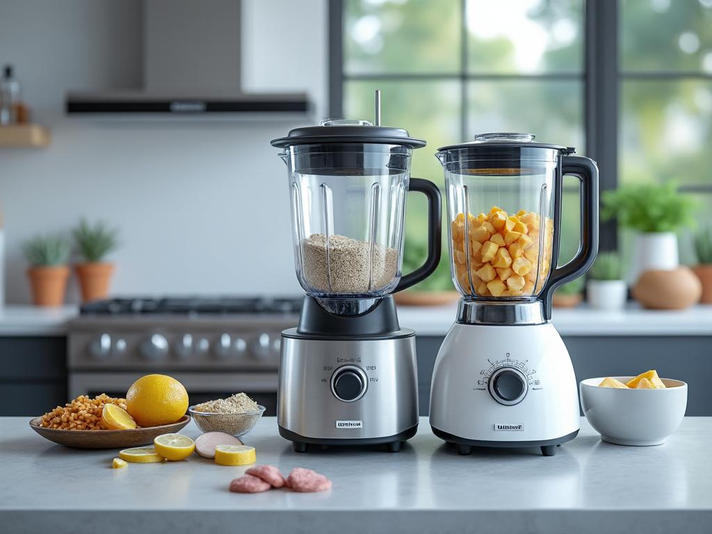 Dos licuadoras modernas en una cocina, una con avena y otra con duraznos troceados, junto a ingredientes como limón y cereales sobre la encimera.