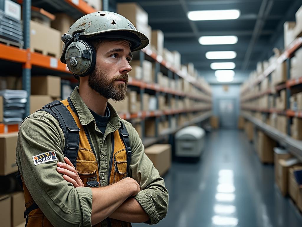 Warehouse worker in protective gear standing in front of rows of shelves filled with boxes