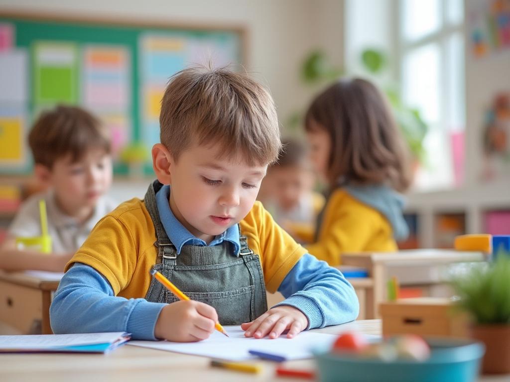 Niño pequeño escribiendo en un aula de escuela con compañeros al fondo.