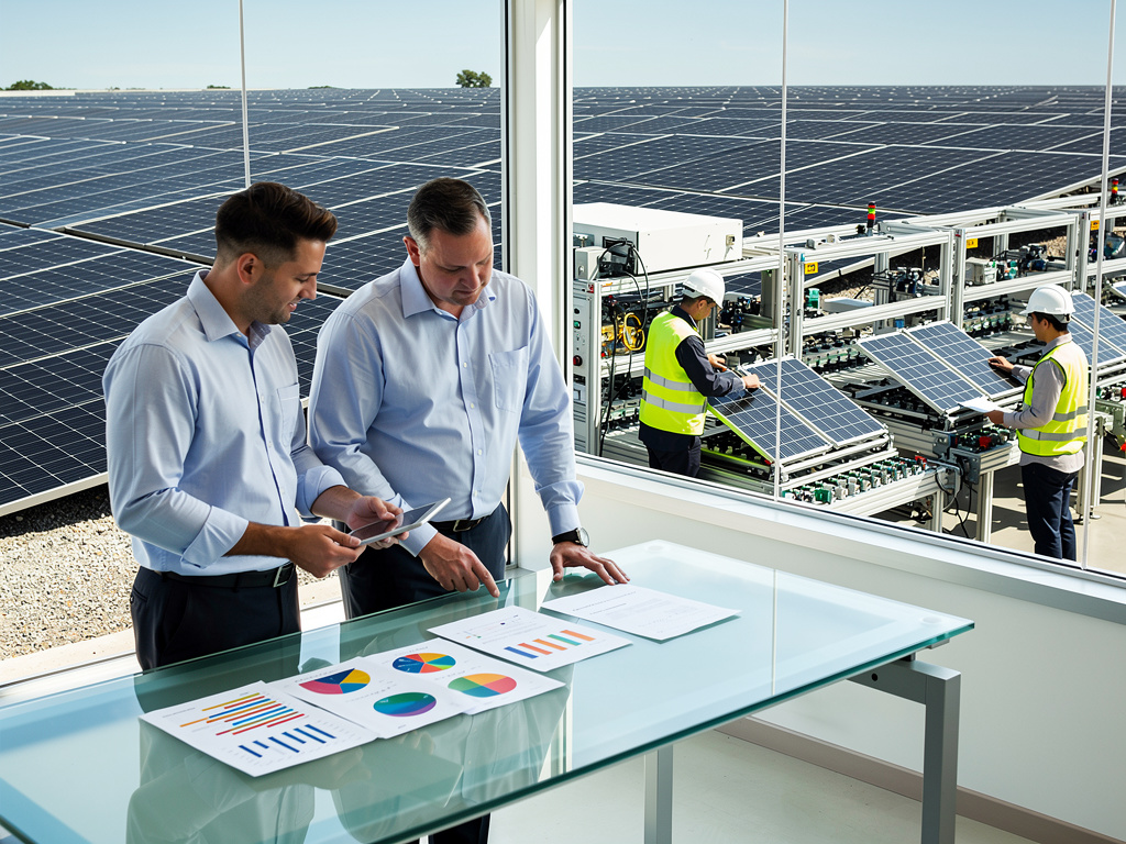 Business professionals reviewing solar energy charts while technicians assemble solar panels in a large photovoltaic facility