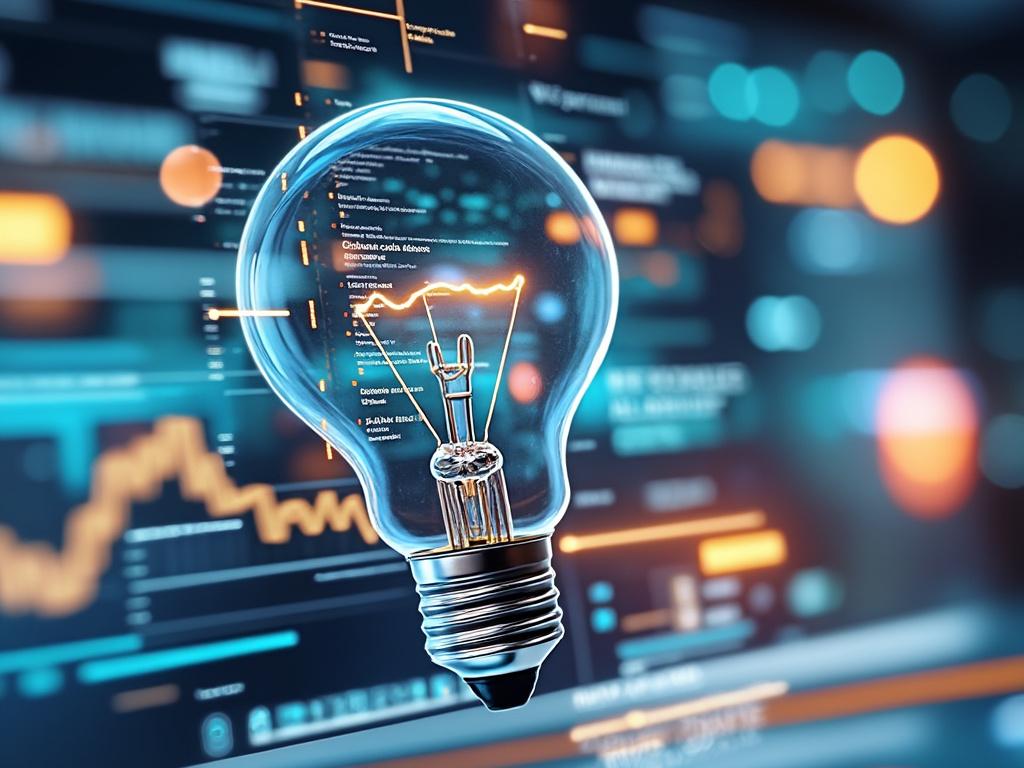 Bombilla transparente iluminada frente a gráficos y líneas de datos digitales en una pantalla borrosa.