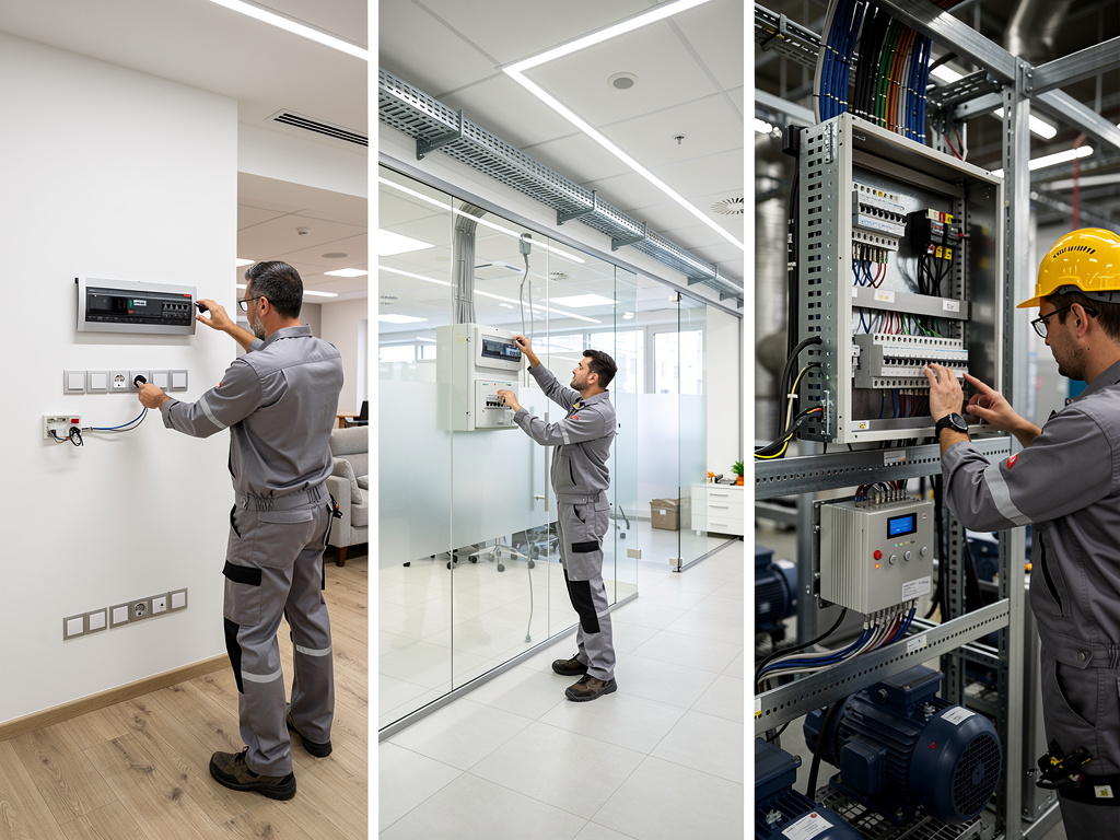 Técnicos electricistas instalando y revisando cuadros eléctricos y cableado en oficina e instalación industrial