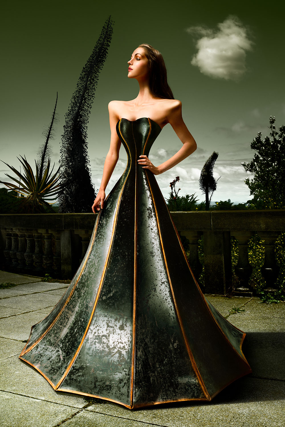 Fantasy art of a beautiful, but distorted woman wearing a gown made out of a vintage gramophone horn.