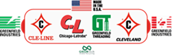 Logos of CLE-LINE, Chicago-Latrobe, Greenfield Threading, and CLEVEAND with USA flag and 'Made in the USA' text.