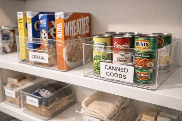 Labeled clear bins on organized pantry shelves after professional decluttering