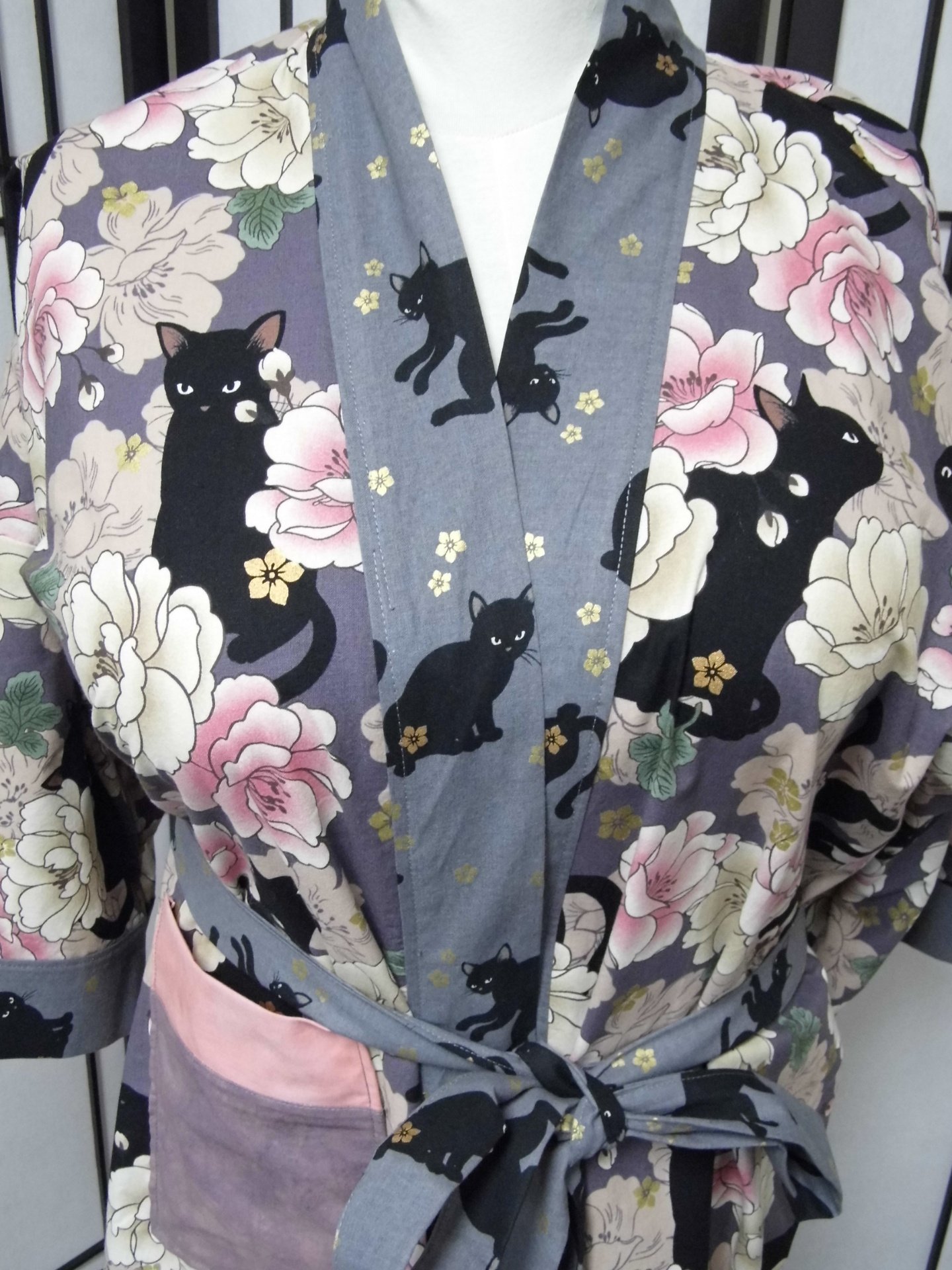 Plum Kitties Kimono Robe Detail