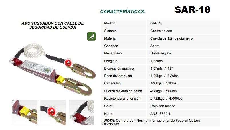 LINEA DE VIDA CON AMORTIGUADOR
Marca GOLDEN EAGLE
Modelo SAR-18