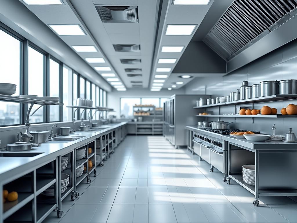 Cocina industrial moderna con estanterías de acero inoxidable, ollas y frutas en encimeras amplias.