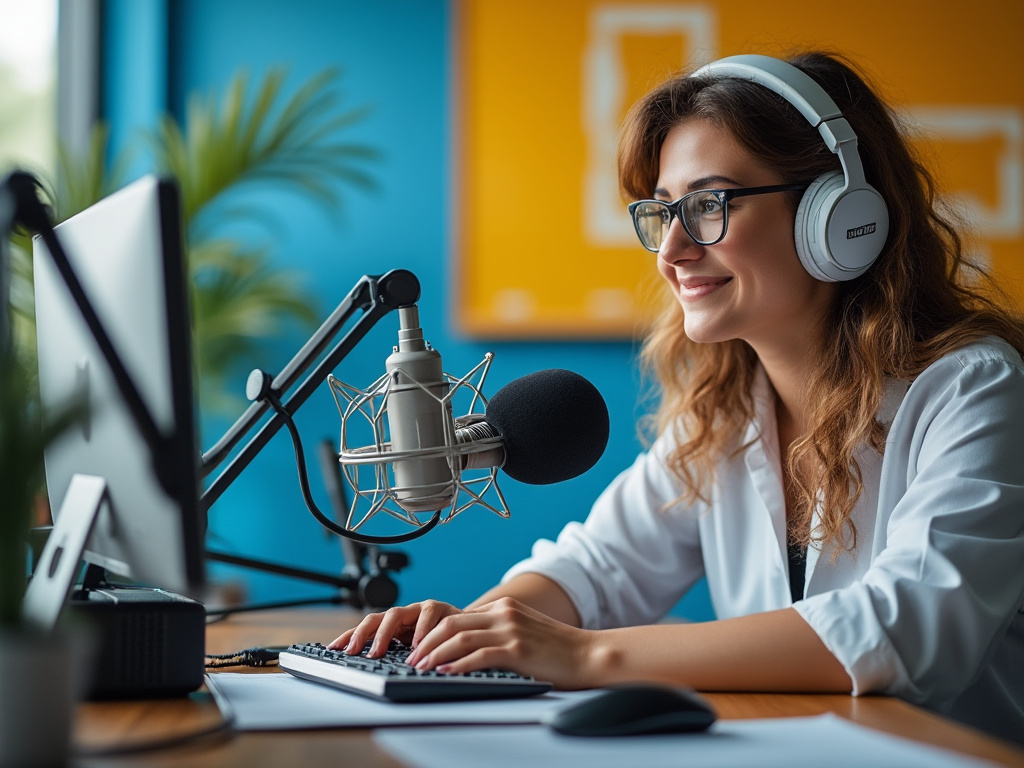 Mujer con auriculares grabando podcast frente a un micrófono y computadora en oficina moderna. Mujer con auriculares grabando podcast frente a un micrófono y computadora en oficina moderna.