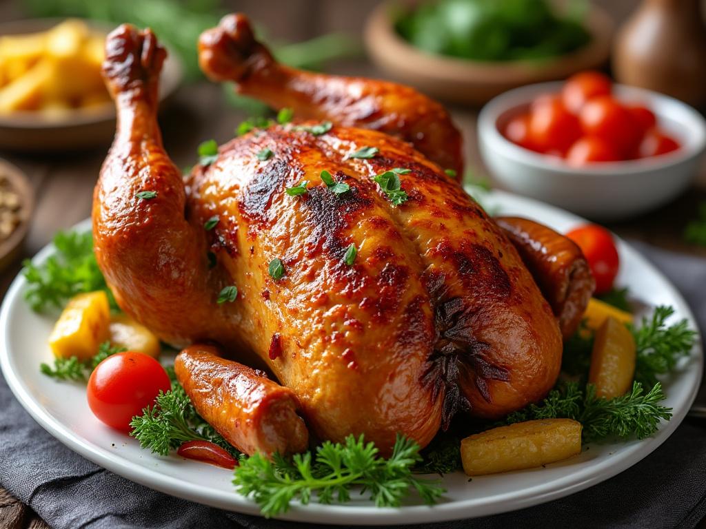 Pollo asado servido en un plato blanco, decorado con hierbas frescas, rodajas de papa y tomates cherry de fondo.