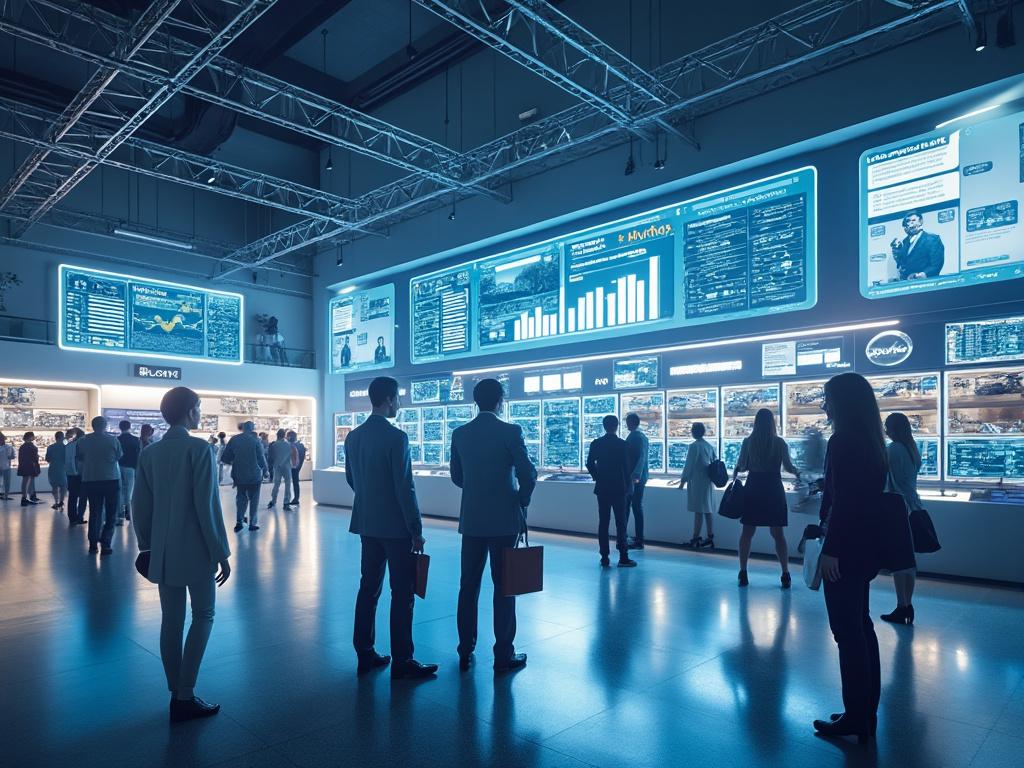 People in a futuristic control room with large digital screens displaying graphs and data.