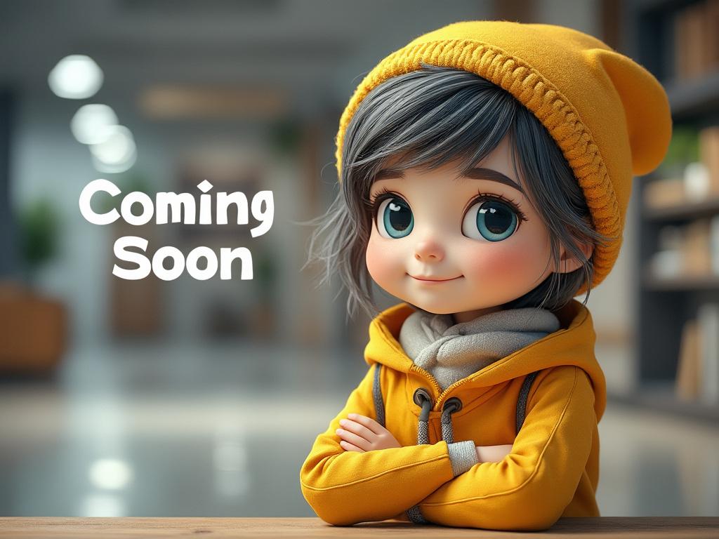 Cute animated character in yellow hoodie with text 'Coming Soon' in a blurred indoor setting.