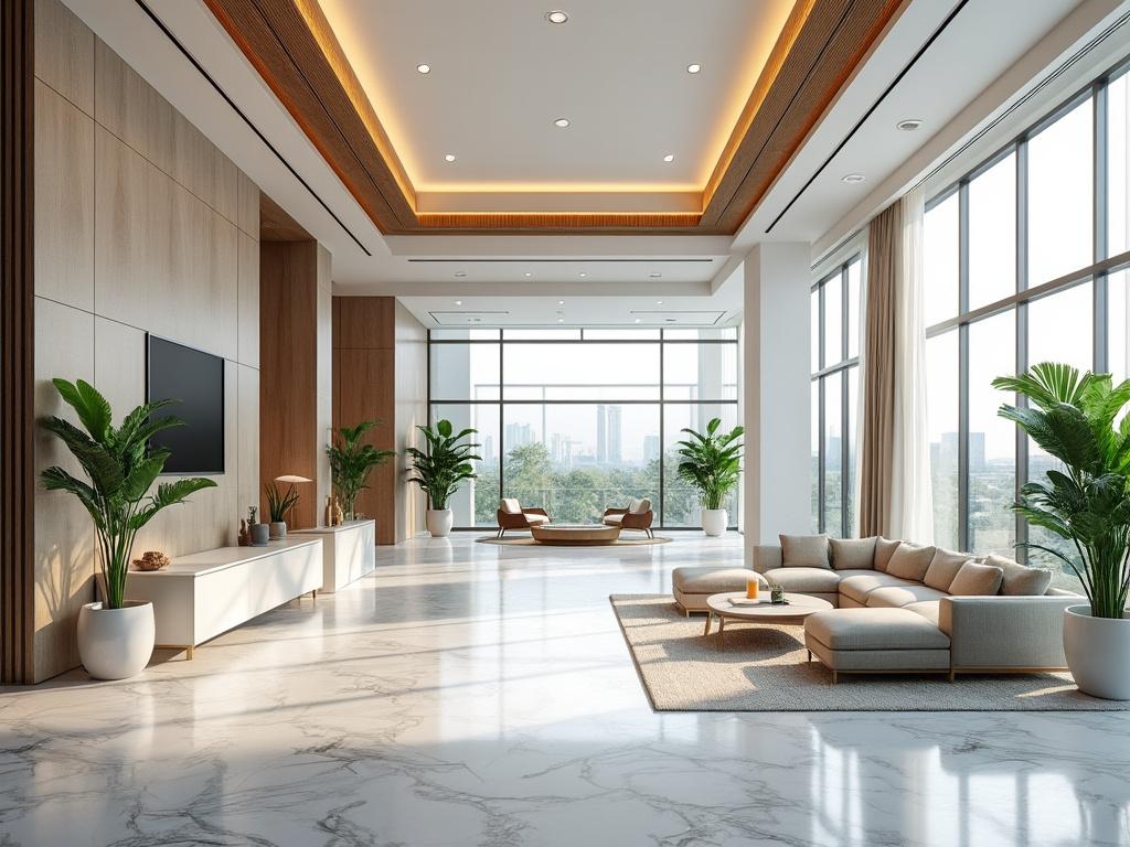 Sala moderna con decoración minimalista, sofás beige, plantas decorativas y grandes ventanales con vista panorámica. Sala moderna con decoración minimalista, sofás beige, plantas decorativas y grandes ventanales con vista panorámica.