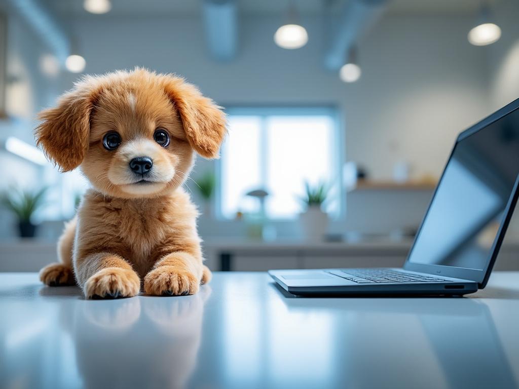 Cachorro peludo marrón sobre una mesa al lado de una computadora portátil en una cocina luminosa.