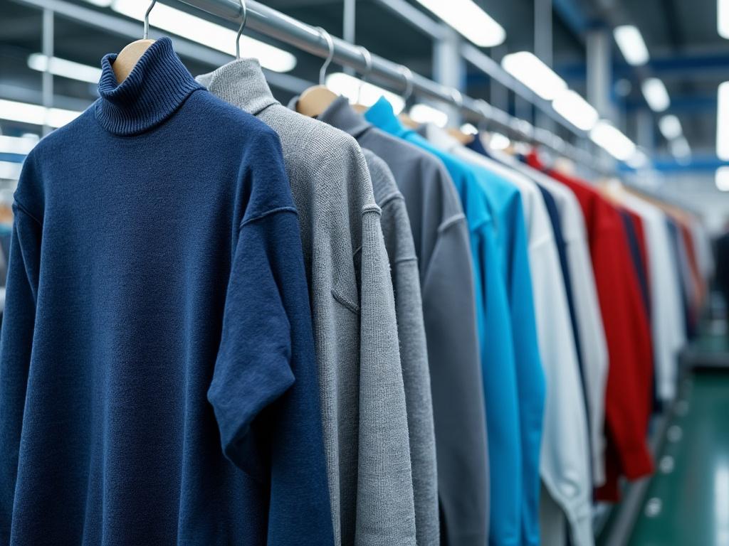Fila de jerseys colgados en varios colores, incluyendo azul, gris y rojo, en una tienda de ropa iluminada.