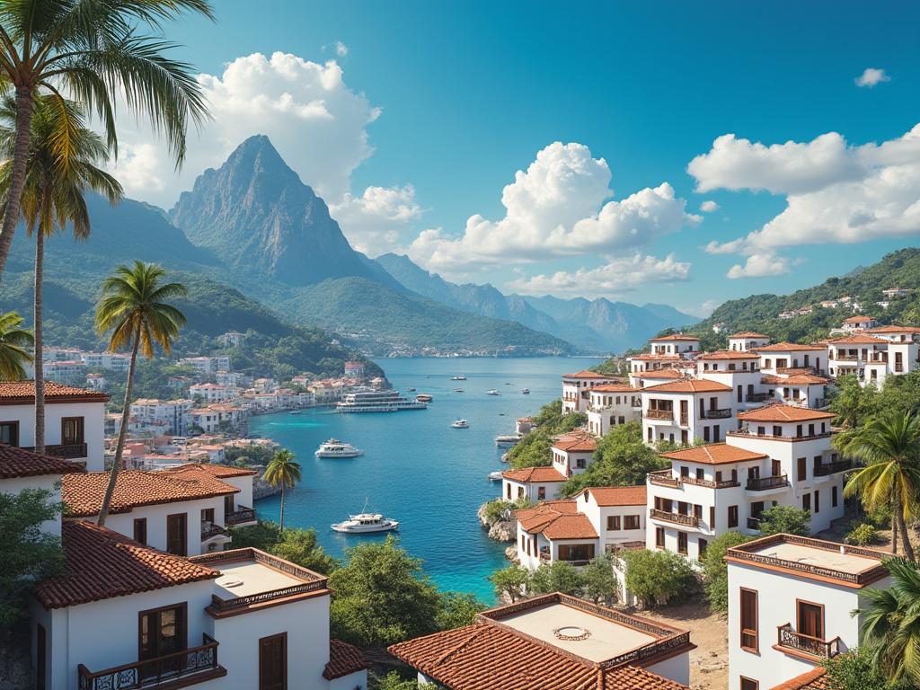 Vista panorámica de un pueblo costero con casas blancas de techos rojos, palmeras y montañas al fondo, bajo un cielo azul con nubes esponjosas.