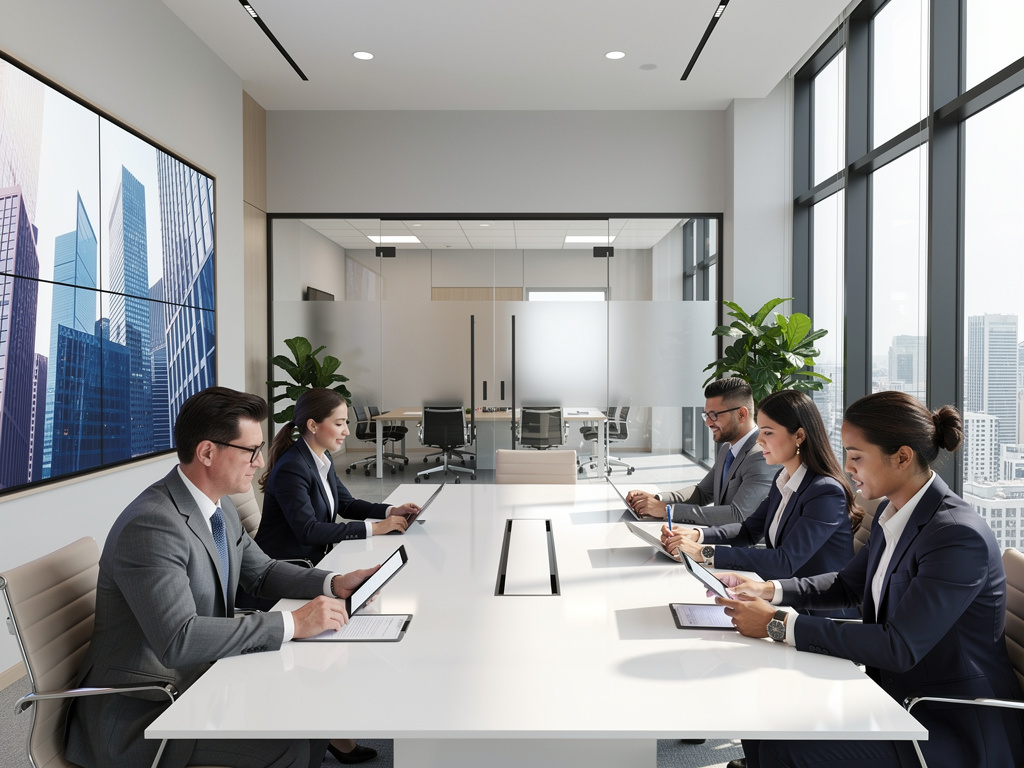 Equipo ejecutivo en reunión de negocios moderna con tabletas en sala de juntas corporativa con ventanales y vista urbana