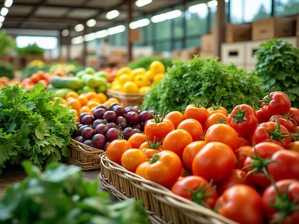 Coloridos tomates, ciruelas y verduras frescas en el mercado local.