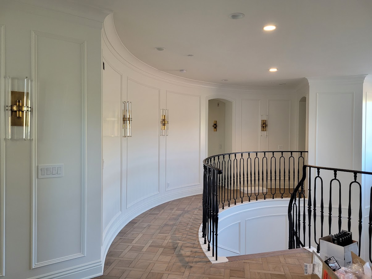 Project - Pacific Mist Newport Coast  Curved Stair + Wainscot Detail in Walnut and Satin White
