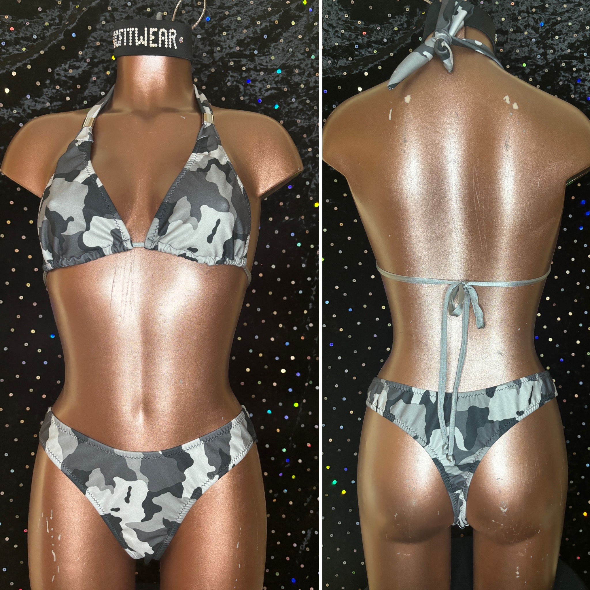 62. C Halter
hip hugger front
Wide thong back
grey camo
$55