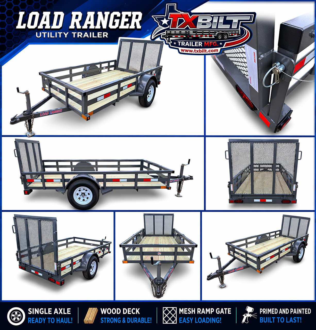 Flatbed utility trailer parked on a driveway in front of a row of storage garage doors.