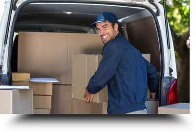 Happy Delivery Man Loading Cardboard Box in Van