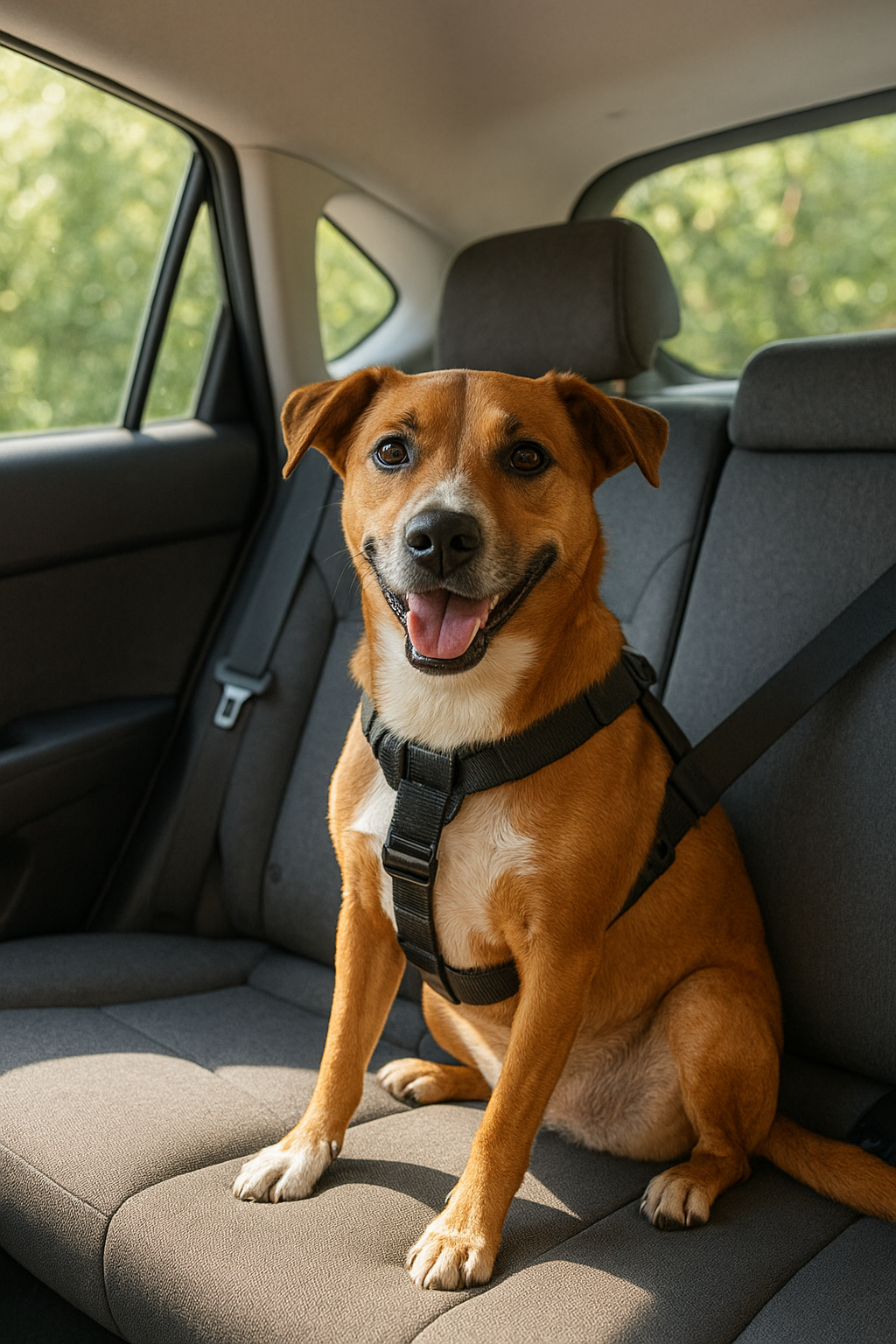 Happy brown dog wearing a harness sitting in the backseat of a car.