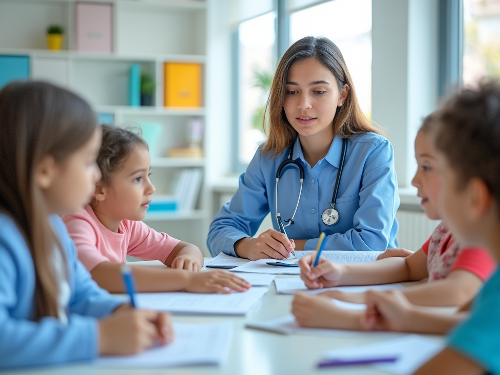 Doctora con estetoscopio interactuando con niños en una mesa, ambiente educativo.