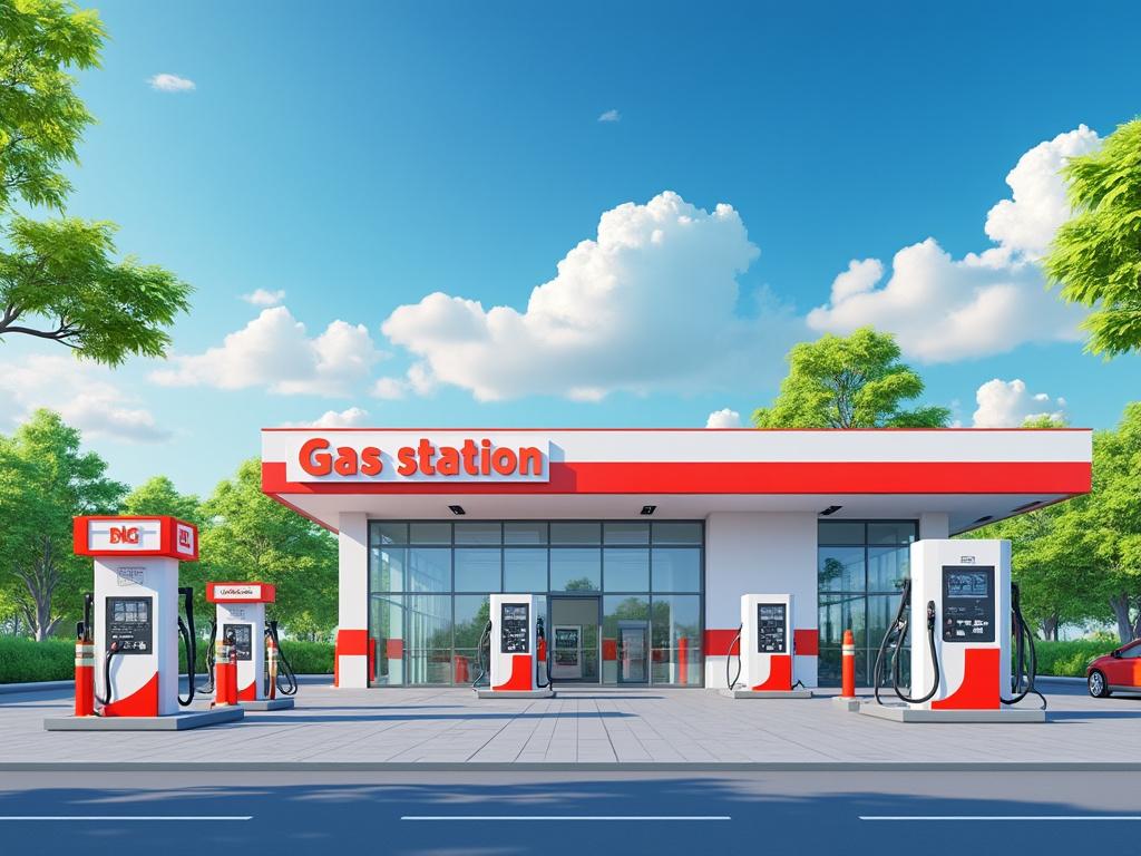 Estación de servicio de gasolina moderna con surtidores y paisaje verde alrededor en un día soleado.