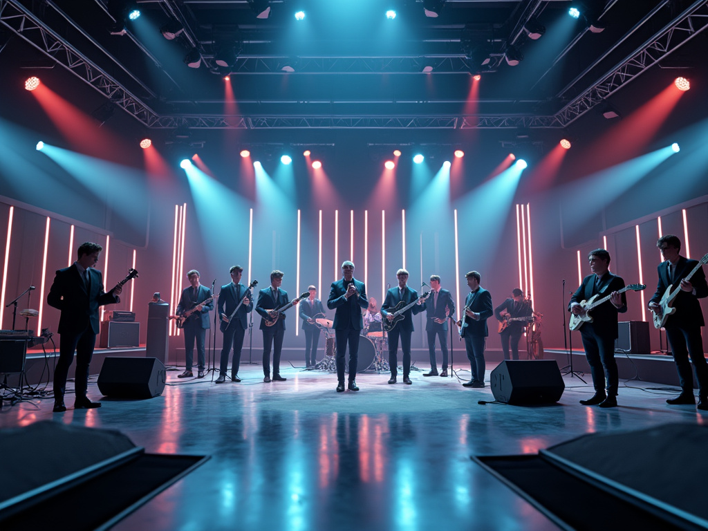 A band performing live on stage, with multiple musicians playing guitars and drums, under vibrant red and blue stage lights, in a modern indoor venue.