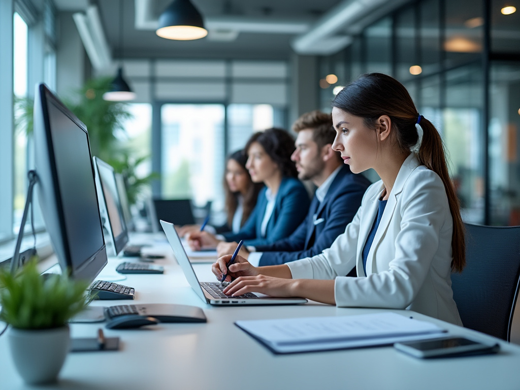 A group of focused professionals working on laptops in a modern office environment.
