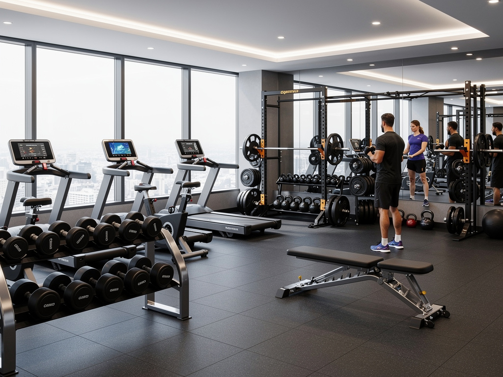 Gimnasio moderno con pesas, cintas de correr y personas entrenando frente a ventanales panorámicos Gimnasio moderno con pesas, cintas de correr y personas entrenando frente a ventanales panorámicos