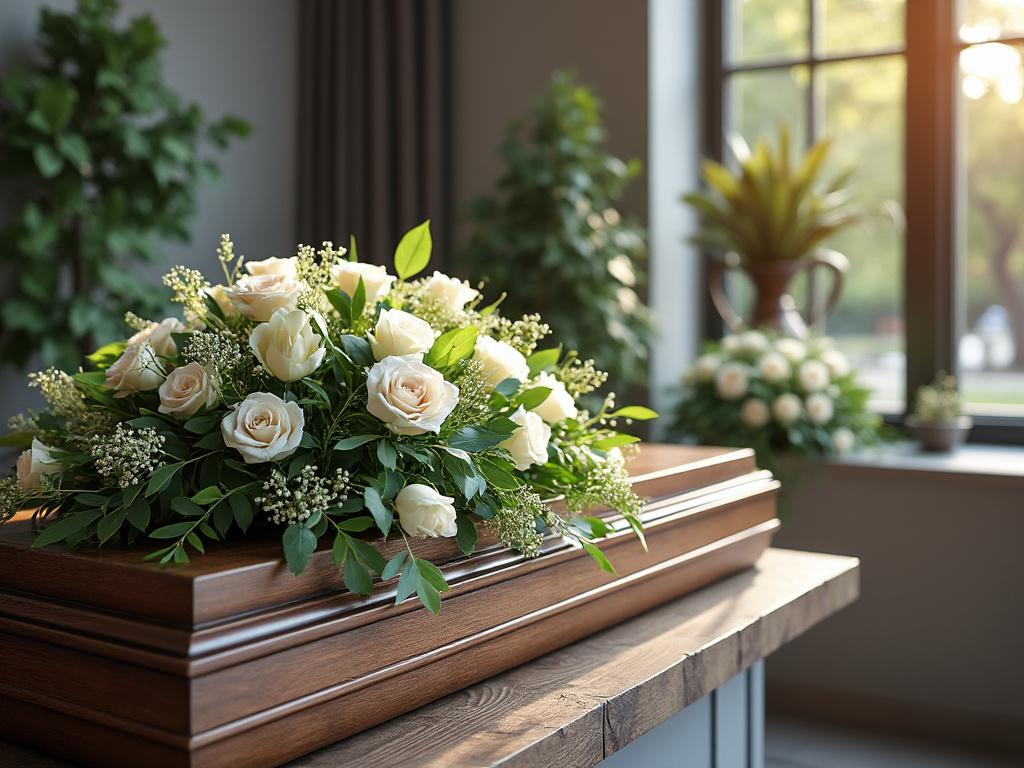Cofre de madera adornado con un ramo de rosas blancas y verdes, situado en una habitación iluminada por la luz del sol a través de una ventana.
