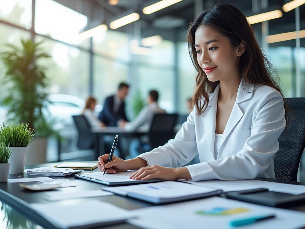 Mujer joven trabajando en una oficina moderna con documentos y plantas en el escritorio.