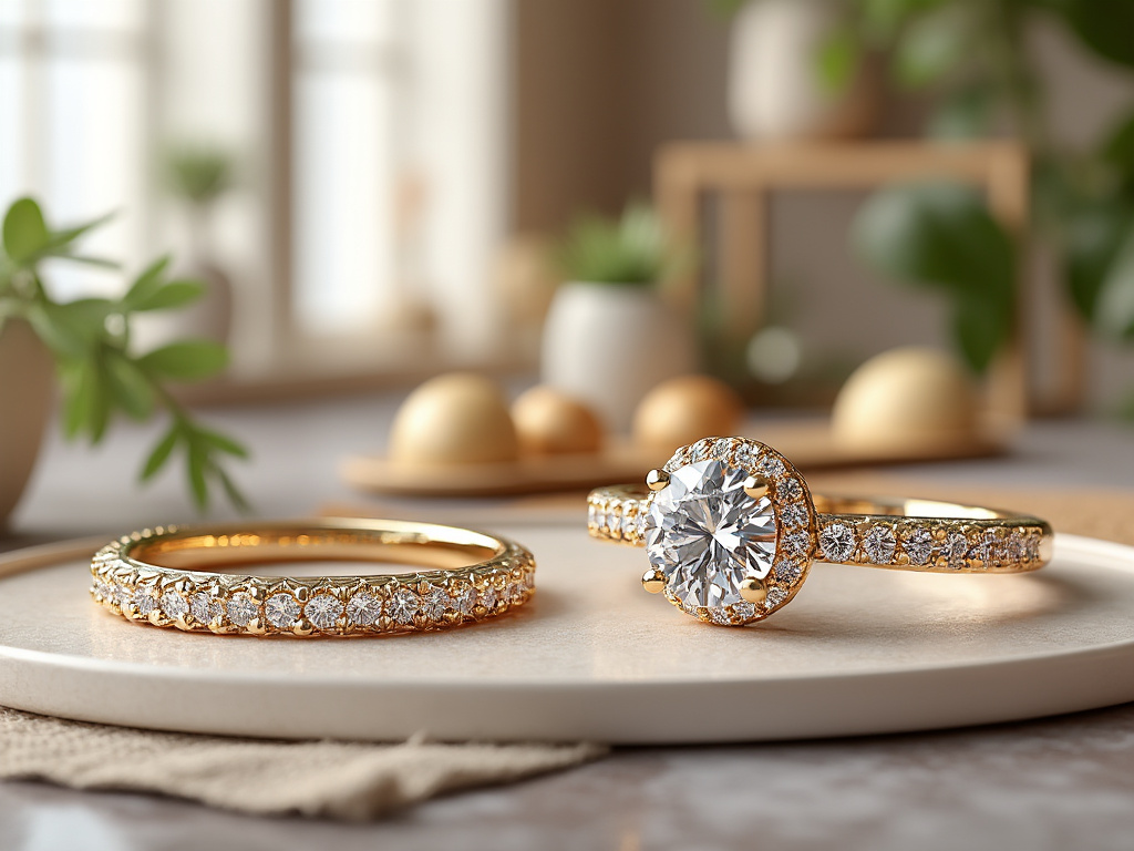 Anillos de compromiso y alianza dorados con diamantes en un plato decorativo con fondo de plantas.