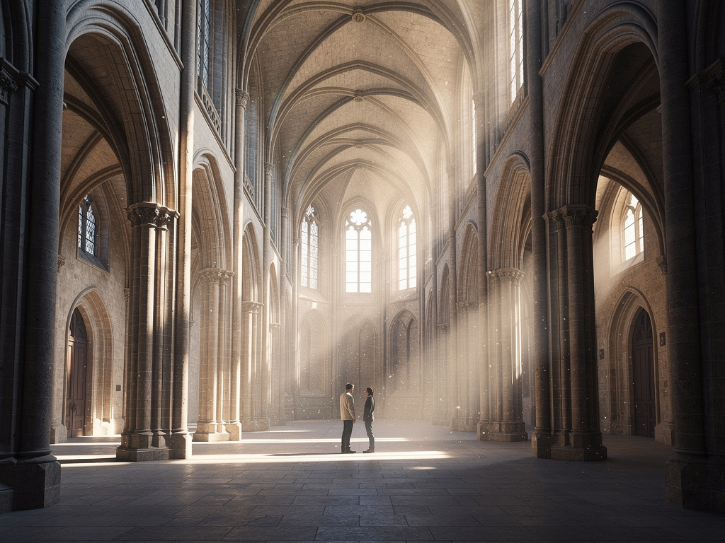 Interior de catedral gótica con arcos altos, columnas de piedra y luz solar entrando por vitrales