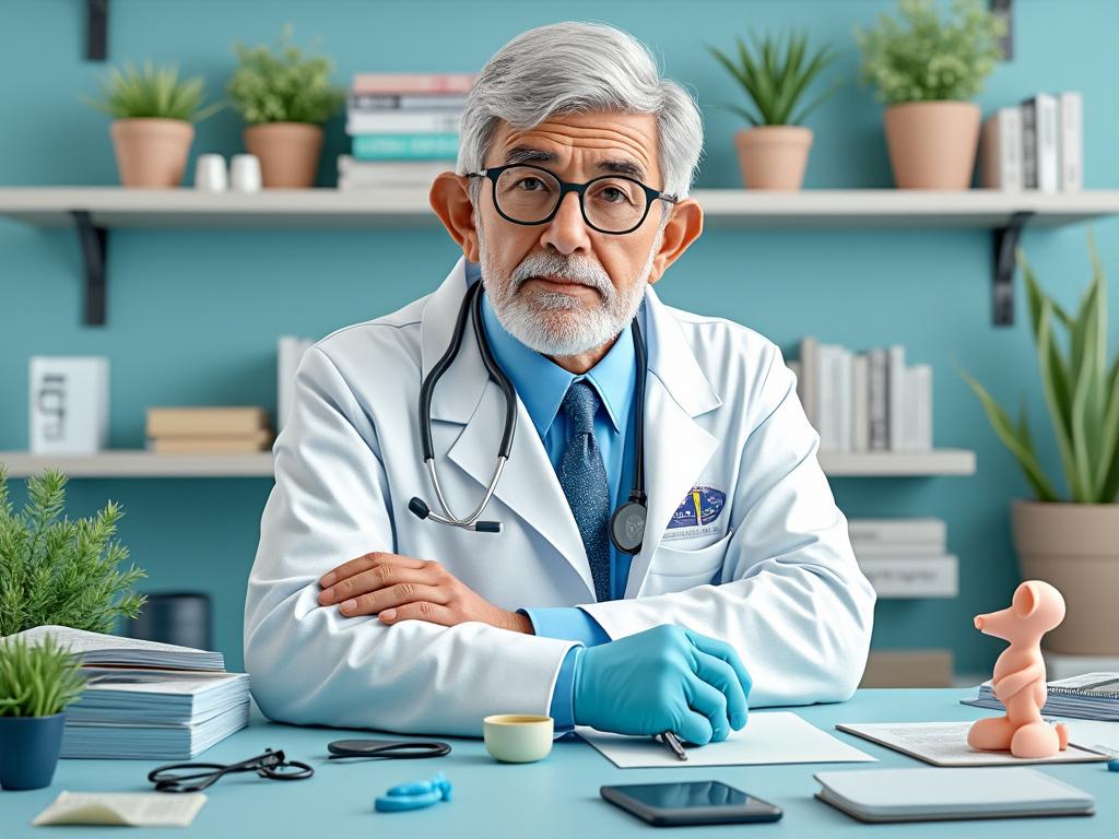 Elderly male doctor in a white coat sitting at a desk, surrounded by medical tools and plants, with shelves of books in the background.
